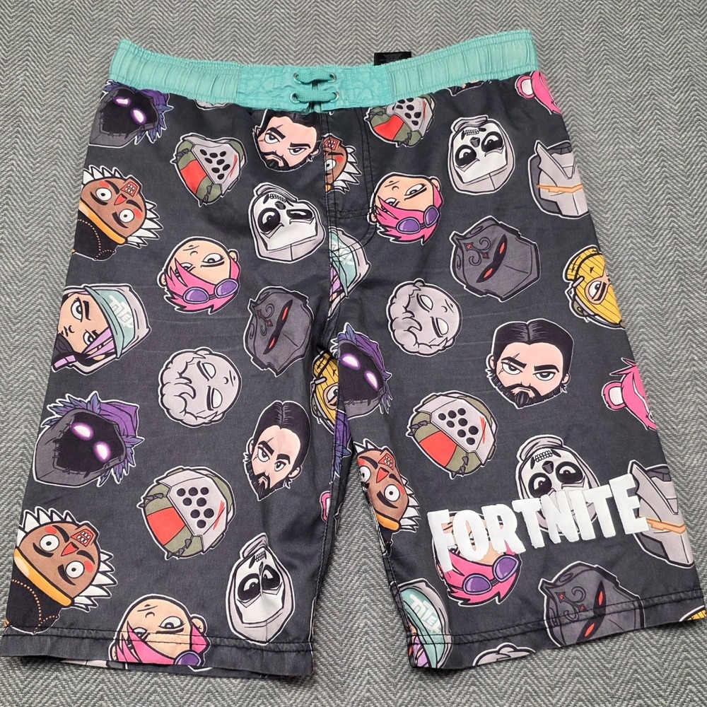 Fortnite Character Print Board Shorts Mens XL Black Mint Green Swim Trunk Gaming